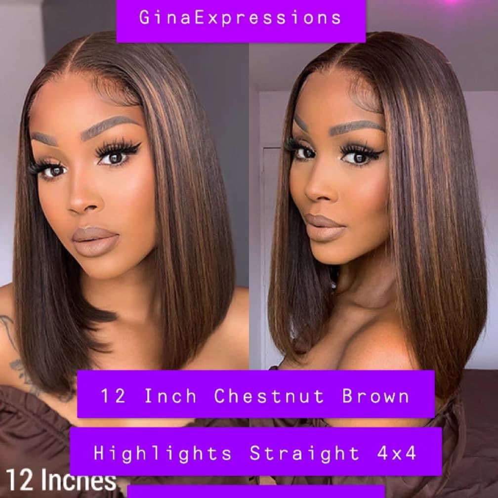 12 Inch Chestnut Brown Highlights Straight 4x4 Closure Bob Wig