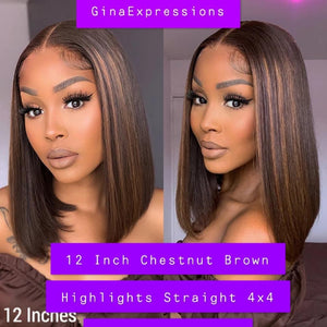 12 Inch Chestnut Brown Highlights Straight 4x4 Closure Bob Wig